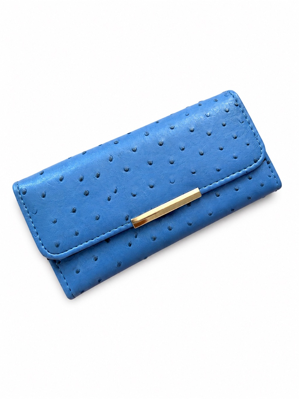 Blue Women's Faux-Ostrich Clutch Wallet with Gold Bar